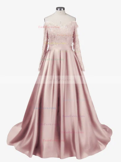 Ball Gown Off-the-shoulder Satin Sweep Train Beading Prom Dresses #Favs020102895