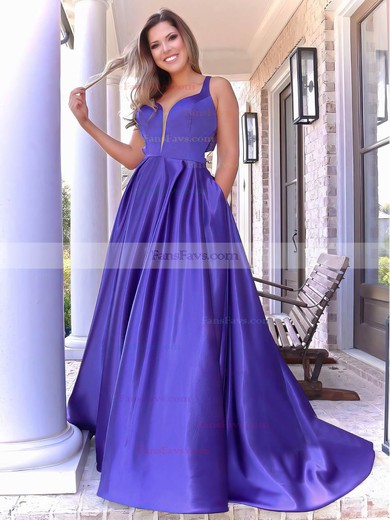 A-line V-neck Satin Sweep Train Bow Prom Dresses #Favs020106874