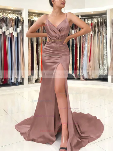 Trumpet/Mermaid V-neck Silk-like Satin Sweep Train Ruffles Prom Dresses #Favs020106880