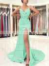 Trumpet/Mermaid V-neck Silk-like Satin Sweep Train Ruffles Prom Dresses #Favs020106880