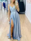 A-line V-neck Glitter Sweep Train Ruffles Prom Dresses #Favs020106887