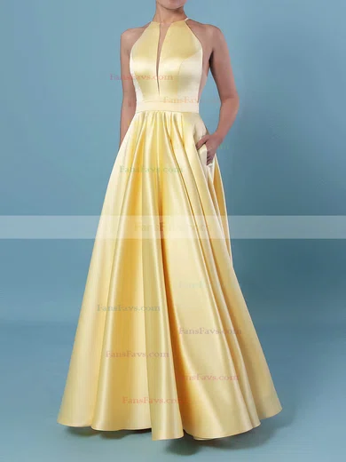 Ball Gown Scoop Neck Satin Floor-length Pockets Prom Dresses #Favs020106893