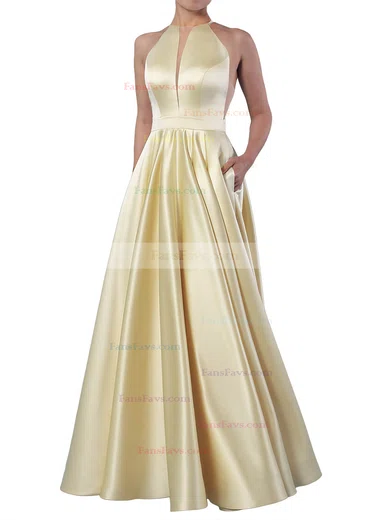 Ball Gown Scoop Neck Satin Floor-length Pockets Prom Dresses #Favs020106893