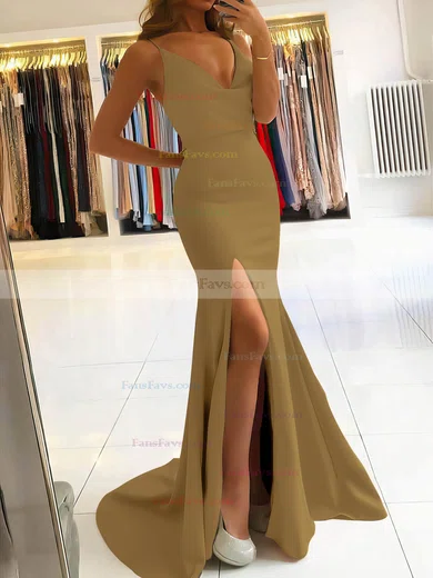 Trumpet/Mermaid Cowl Neck Stretch Crepe Sweep Train Split Front Prom Dresses #Favs020106917