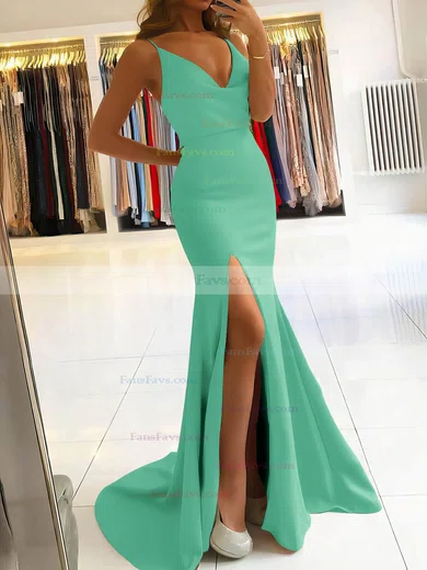 Trumpet/Mermaid Cowl Neck Stretch Crepe Sweep Train Split Front Prom Dresses #Favs020106917