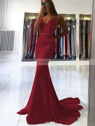 Trumpet/Mermaid V-neck Silk-like Satin Sweep Train Prom Dresses #Favs020106919