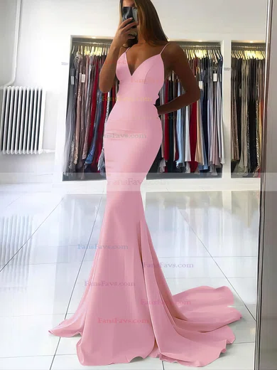 Trumpet/Mermaid V-neck Silk-like Satin Sweep Train Prom Dresses #Favs020106919
