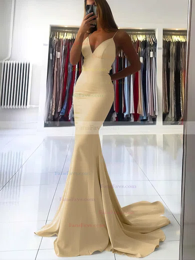 Trumpet/Mermaid V-neck Silk-like Satin Sweep Train Prom Dresses #Favs020106919