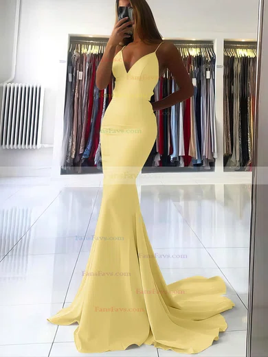 Trumpet/Mermaid V-neck Silk-like Satin Sweep Train Prom Dresses #Favs020106919