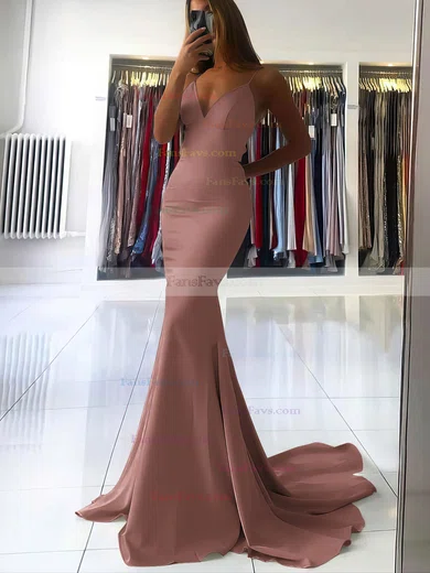Trumpet/Mermaid V-neck Silk-like Satin Sweep Train Prom Dresses #Favs020106919