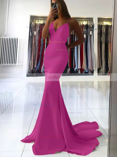 Trumpet/Mermaid V-neck Silk-like Satin Sweep Train Prom Dresses #Favs020106919