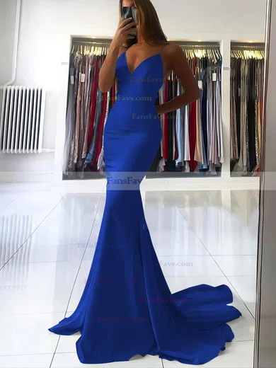 Trumpet/Mermaid V-neck Silk-like Satin Sweep Train Prom Dresses #Favs020106919