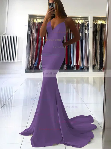 Trumpet/Mermaid V-neck Silk-like Satin Sweep Train Prom Dresses #Favs020106919