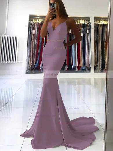 Trumpet/Mermaid V-neck Silk-like Satin Sweep Train Prom Dresses #Favs020106919