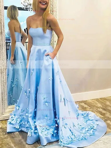 A-line Strapless Satin Sweep Train Flower(s) Prom Dresses #Favs020106680