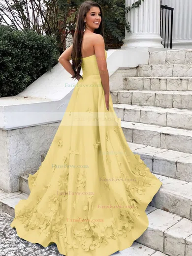 A-line Strapless Satin Sweep Train Flower(s) Prom Dresses #Favs020106680