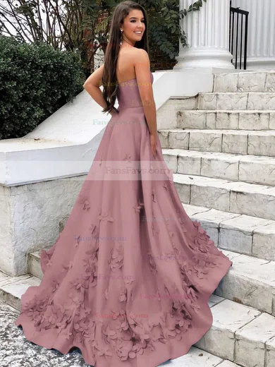 A-line Strapless Satin Sweep Train Flower(s) Prom Dresses #Favs020106680