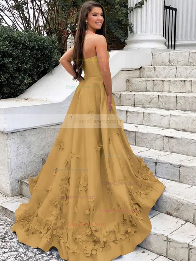A-line Strapless Satin Sweep Train Flower(s) Prom Dresses #Favs020106680