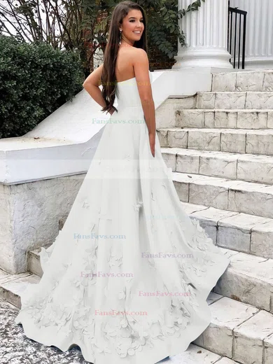 A-line Strapless Satin Sweep Train Flower(s) Prom Dresses #Favs020106680