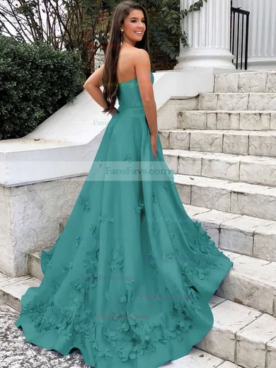 A-line Strapless Satin Sweep Train Flower(s) Prom Dresses #Favs020106680