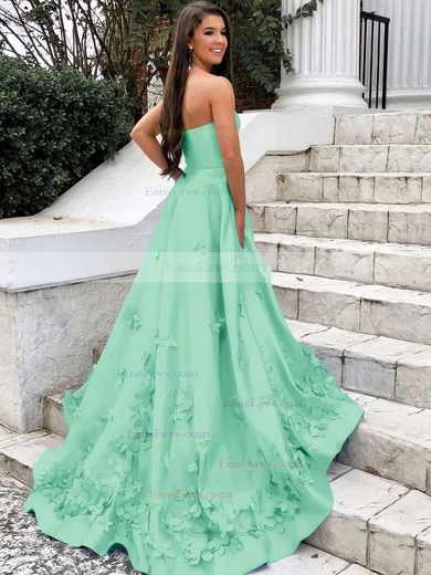 A-line Strapless Satin Sweep Train Flower(s) Prom Dresses #Favs020106680