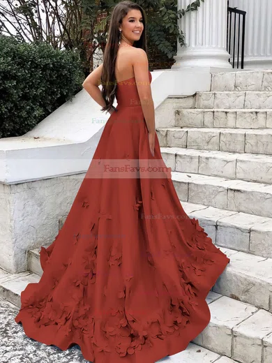 A-line Strapless Satin Sweep Train Flower(s) Prom Dresses #Favs020106680