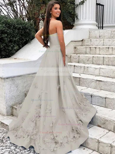 A-line Strapless Satin Sweep Train Flower(s) Prom Dresses #Favs020106680