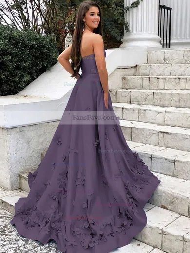 A-line Strapless Satin Sweep Train Flower(s) Prom Dresses #Favs020106680