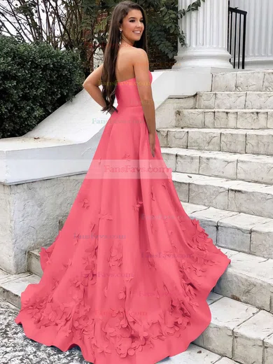 A-line Strapless Satin Sweep Train Flower(s) Prom Dresses #Favs020106680