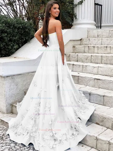 A-line Strapless Satin Sweep Train Flower(s) Prom Dresses #Favs020106680