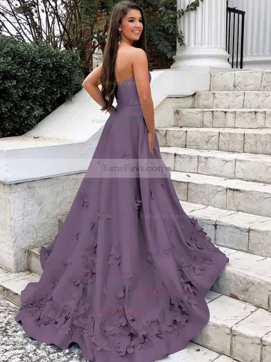 A-line Strapless Satin Sweep Train Flower(s) Prom Dresses #Favs020106680