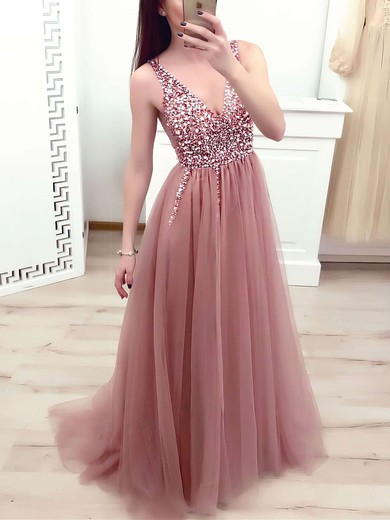 A-line V-neck Tulle Sweep Train Beading Prom Dresses #Favs020106698