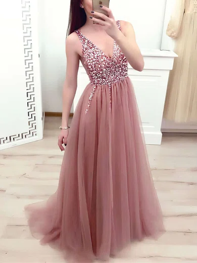 A-line V-neck Tulle Sweep Train Beading Prom Dresses #Favs020106698