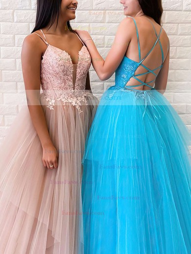 Princess V-neck Tulle Sweep Train Beading Prom Dresses #Favs020106721