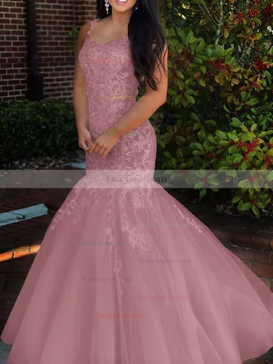 Trumpet/Mermaid Square Neckline Tulle Sweep Train Beading Prom Dresses #Favs020106729