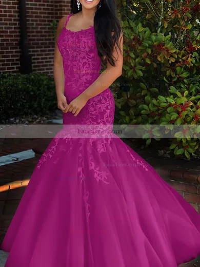 Trumpet/Mermaid Square Neckline Tulle Sweep Train Beading Prom Dresses #Favs020106729
