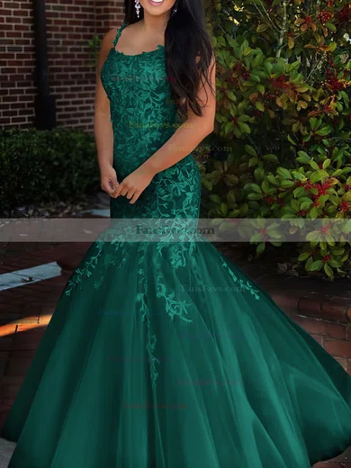 Trumpet/Mermaid Square Neckline Tulle Sweep Train Beading Prom Dresses #Favs020106729