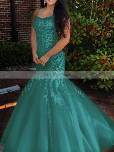 Trumpet/Mermaid Square Neckline Tulle Sweep Train Beading Prom Dresses #Favs020106729