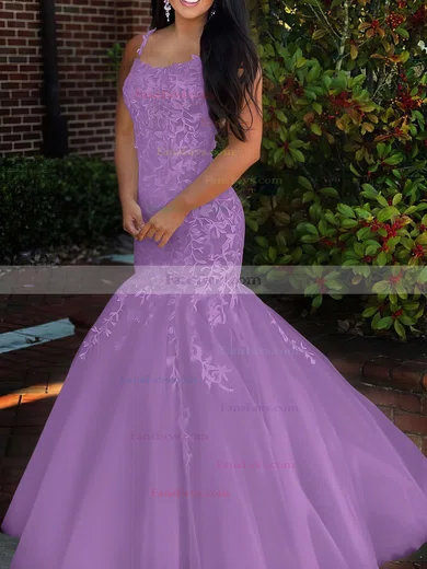 Trumpet/Mermaid Square Neckline Tulle Sweep Train Beading Prom Dresses #Favs020106729