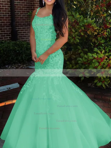 Trumpet/Mermaid Square Neckline Tulle Sweep Train Beading Prom Dresses #Favs020106729