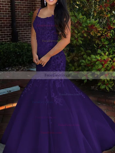 Trumpet/Mermaid Square Neckline Tulle Sweep Train Beading Prom Dresses #Favs020106729