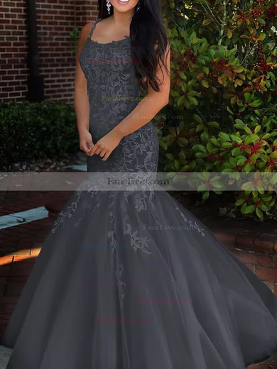 Trumpet/Mermaid Square Neckline Tulle Sweep Train Beading Prom Dresses #Favs020106729