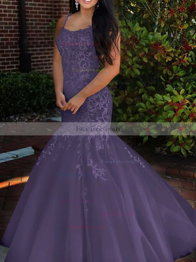 Trumpet/Mermaid Square Neckline Tulle Sweep Train Beading Prom Dresses #Favs020106729