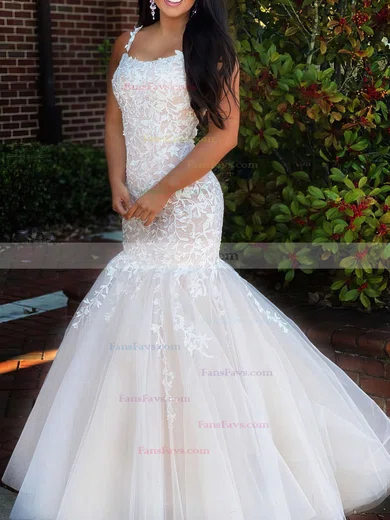 Trumpet/Mermaid Square Neckline Tulle Sweep Train Beading Prom Dresses #Favs020106729