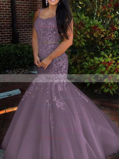 Trumpet/Mermaid Square Neckline Tulle Sweep Train Beading Prom Dresses #Favs020106729
