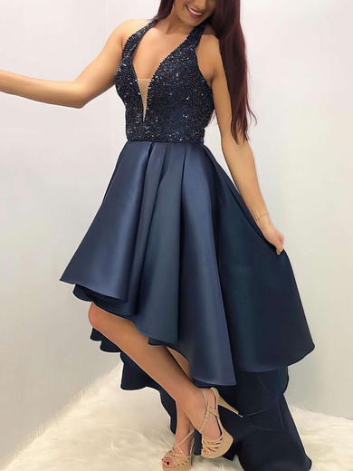 A-line Halter Satin Asymmetrical Beading Prom Dresses #Favs020106753
