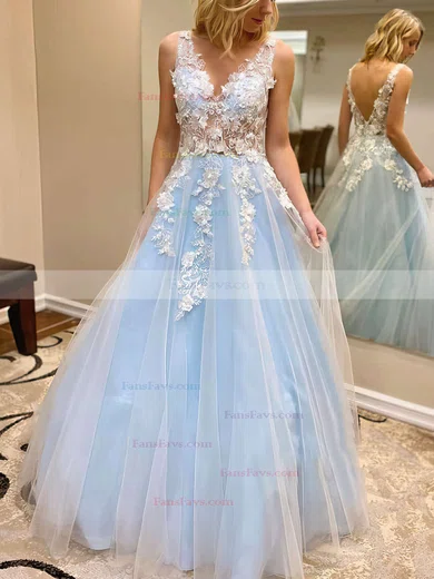 Ball Gown V-neck Tulle Sweep Train Appliques Lace Prom Dresses #Favs020106757