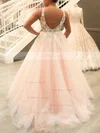Ball Gown V-neck Tulle Sweep Train Appliques Lace Prom Dresses #Favs020106757