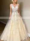 Ball Gown V-neck Tulle Sweep Train Appliques Lace Prom Dresses #Favs020106757