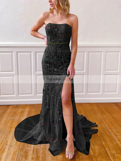 Sheath/Column Strapless Lace Tulle Sweep Train Appliques Lace Prom Dresses #Favs020106782